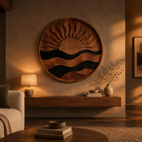 Circular carved sun and wave wall art with dark and natural wood bands above a low console in an evening living room