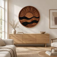 Circular carved sun and wave wall art with dark and natural wood bands above a light oak sideboard in daylight