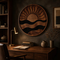 Circular carved sun and wave wall art with dark and natural wood bands above a desk in a dark study corner