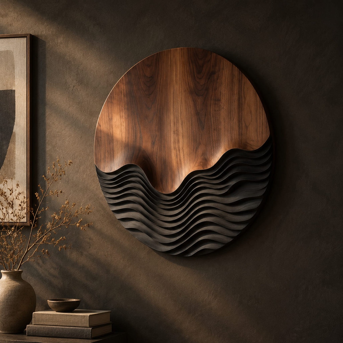 Circular wood wall art with smooth grain above dark carved wave ridges on a dark charcoal plaster wall