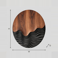 Round Wall Art With Smooth Grain Above Dark Carved Waves dimension diagram with width and height
