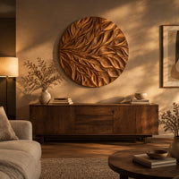 Circular wall art panel carved with sweeping layered leaves above a low console in an evening living room