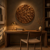 Circular wall art panel carved with sweeping layered leaves above a desk in a dark study corner