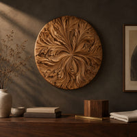 Detail of round wood wall art with swirling carved petals in relief beside wood, brass and linen samples