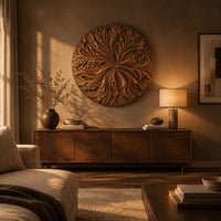 Round wood wall art with swirling carved petals in relief above a low console in an evening living room