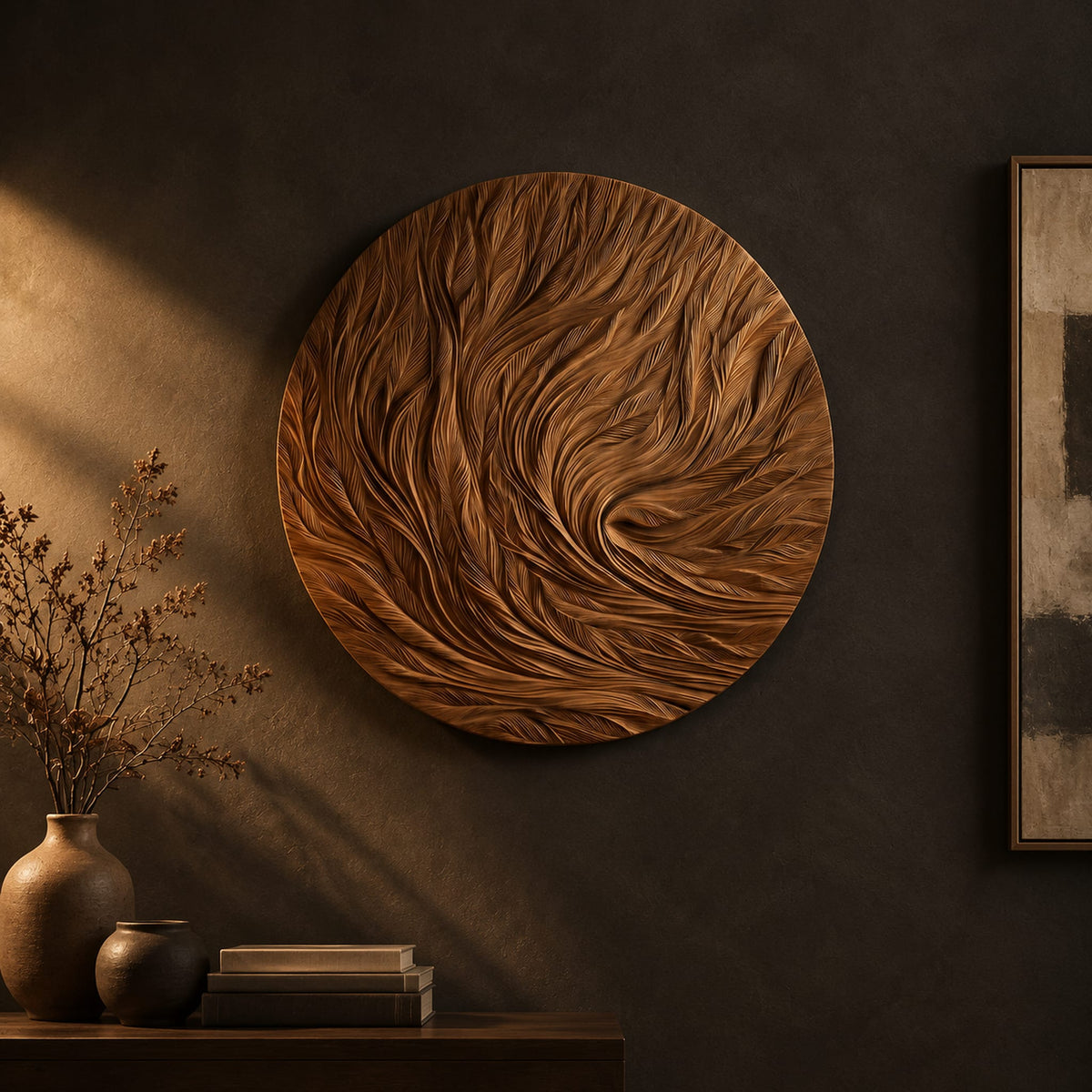 Round wooden wall relief with swirling carved ridges on a dark charcoal plaster wall
