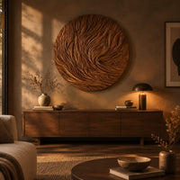 Round wooden wall relief with swirling carved ridges above a low console in an evening living room