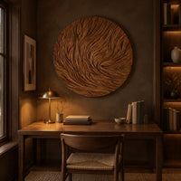 Round wooden wall relief with swirling carved ridges above a desk in a dark study corner