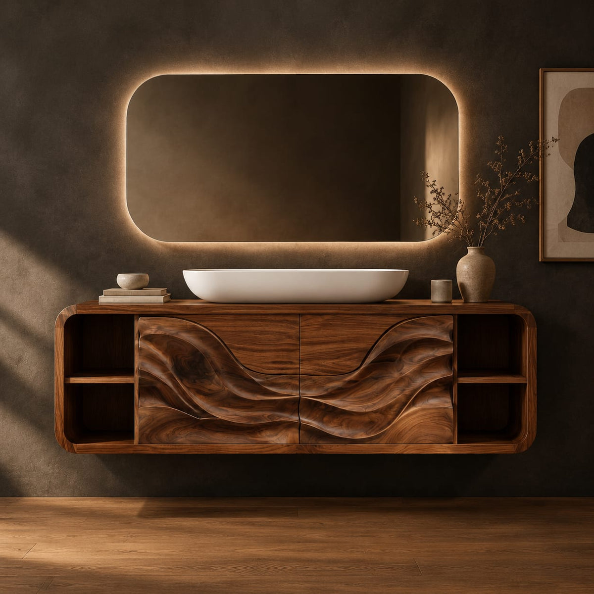 Floating bathroom vanity with wave carved doors and end shelves in a dark studio against a charcoal plaster wall