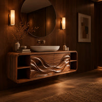 Floating bathroom vanity with wave carved doors and end shelves in an evening bathroom with walnut wall paneling