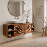Floating bathroom vanity with wave carved doors and end shelves in a Scandinavian bathroom with white walls