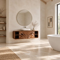 Floating bathroom vanity with wave carved doors and end shelves in a bright open plan bathroom