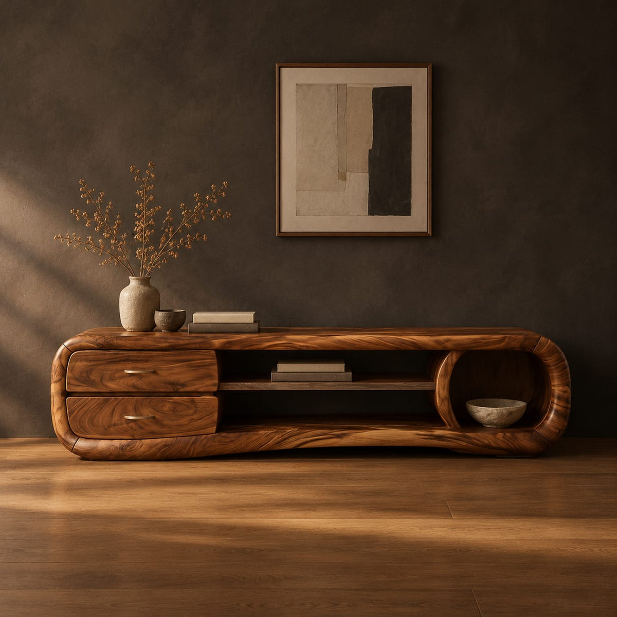 Capsule tv stand with drawers and a round open cubby in a dark studio against a charcoal plaster wall