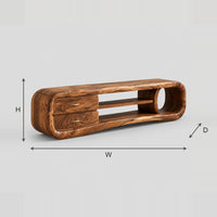 Rounded Capsule TV Stand with Drawers and Ring Cubby dimension diagram with width, height and depth