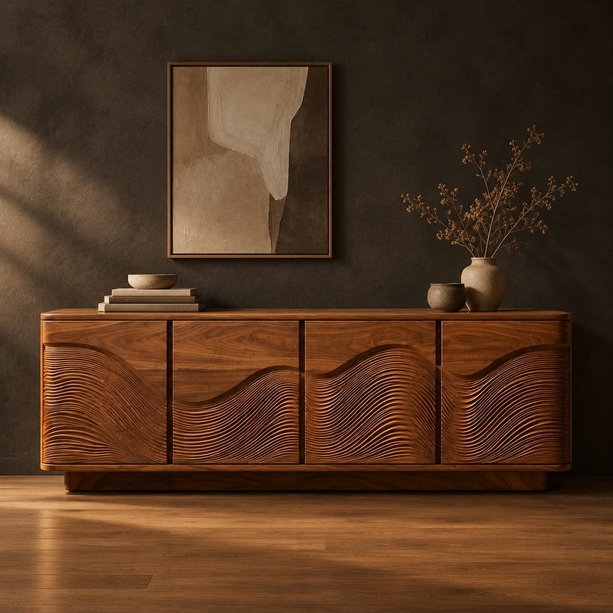 Rounded sideboard with ribbed wave carving on four doors in a dark studio against a charcoal plaster wall