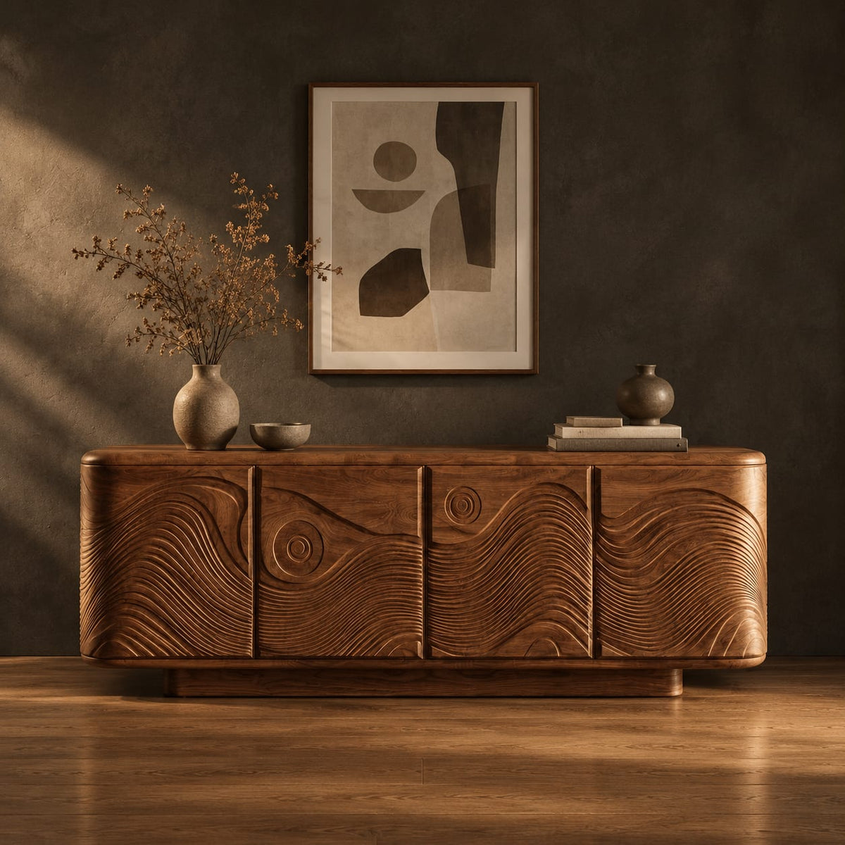 Rounded sideboard with carved waves and circle motifs in a dark studio against a charcoal plaster wall