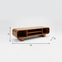 Rounded TV Console with Three Open Bays and Block Feet dimension diagram with height, width and depth