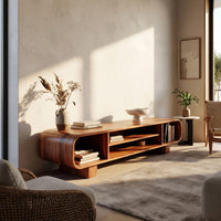 Rounded TV console with three open bays in a sunlit room with large windows and plants