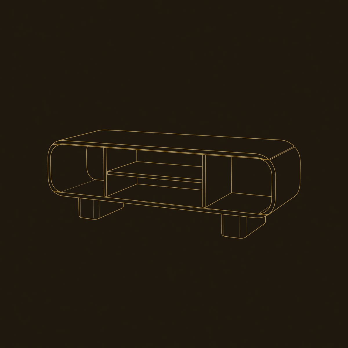 Rounded TV Console with Three Open Bays and Block Feet dimension diagram