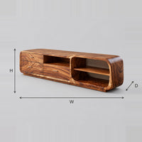Rounded TV Stand with Drawers and Open Cubby dimension diagram with width, height and depth