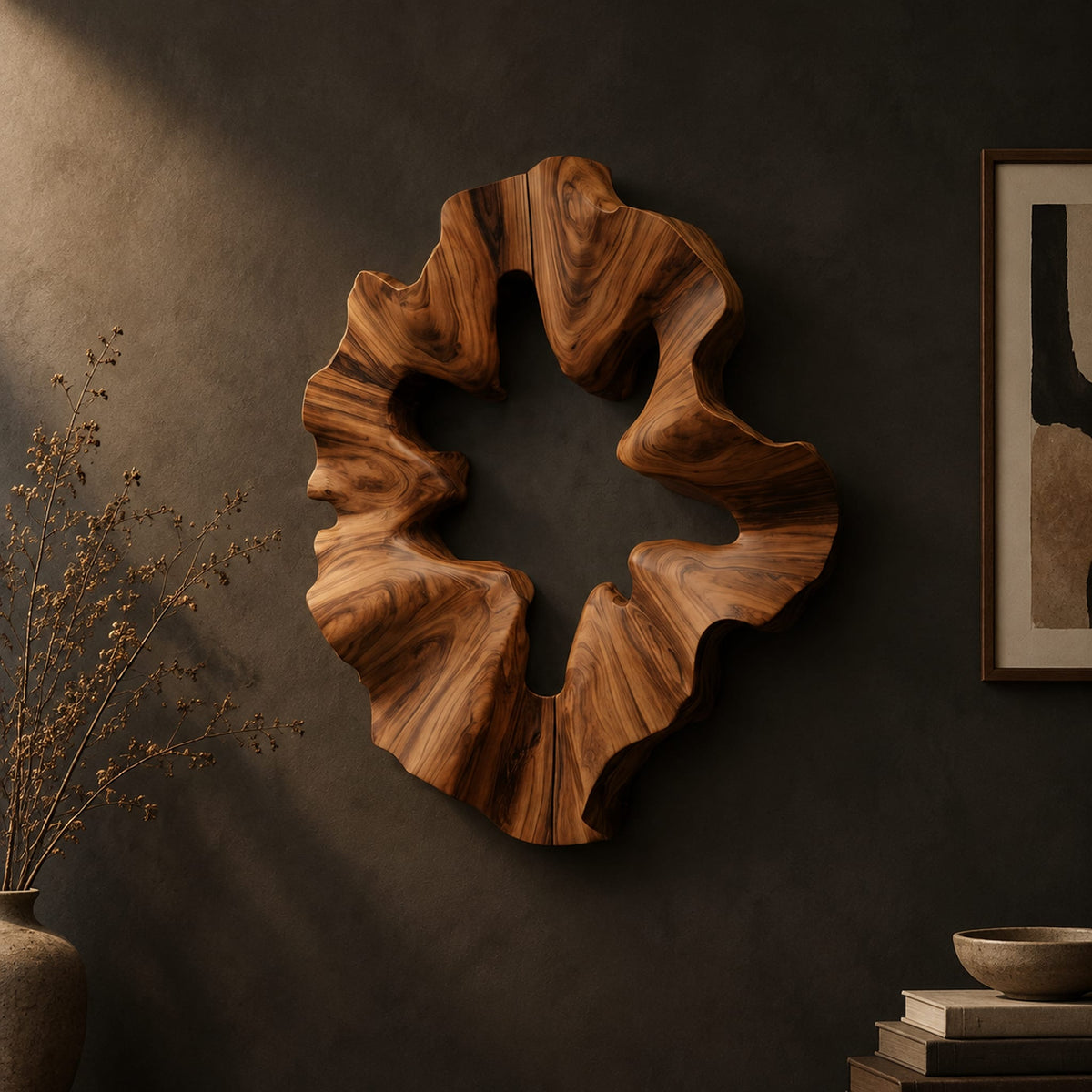 Ruffled wooden wall sculpture with an open star shaped center on a dark charcoal plaster wall