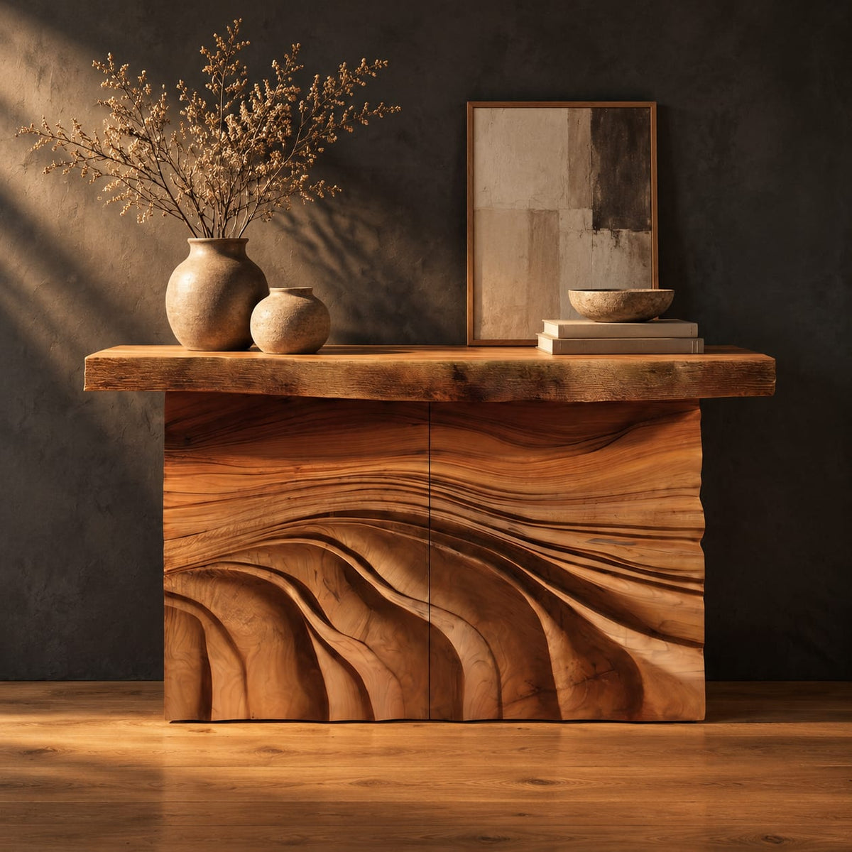 Console table with rough slab top and dune carved base in a dark studio against a charcoal plaster wall