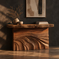Console table with rough slab top and dune carved base, three-quarter view showing the grain