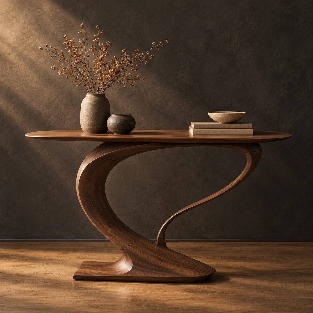 Oval top console table on a sweeping s curve pedestal base in a dark studio against a charcoal plaster wall