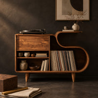 Corner detail of low record cabinet with an s shaped open bay and slim tapered legs beside wood, brass and linen samples
