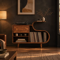 Low record cabinet with an s shaped open bay and slim tapered legs in a dark living room at golden hour