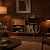 Low record cabinet with an s shaped open bay and slim tapered legs in an evening living room with walnut wall paneling
