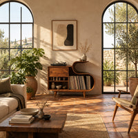Low record cabinet with an s shaped open bay and slim tapered legs in a bright living room with arched windows and plants