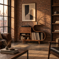 Low record cabinet with an s shaped open bay and slim tapered legs in an industrial loft living room with exposed brick