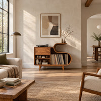 Low record cabinet with an s shaped open bay and slim tapered legs in a bright open plan living room