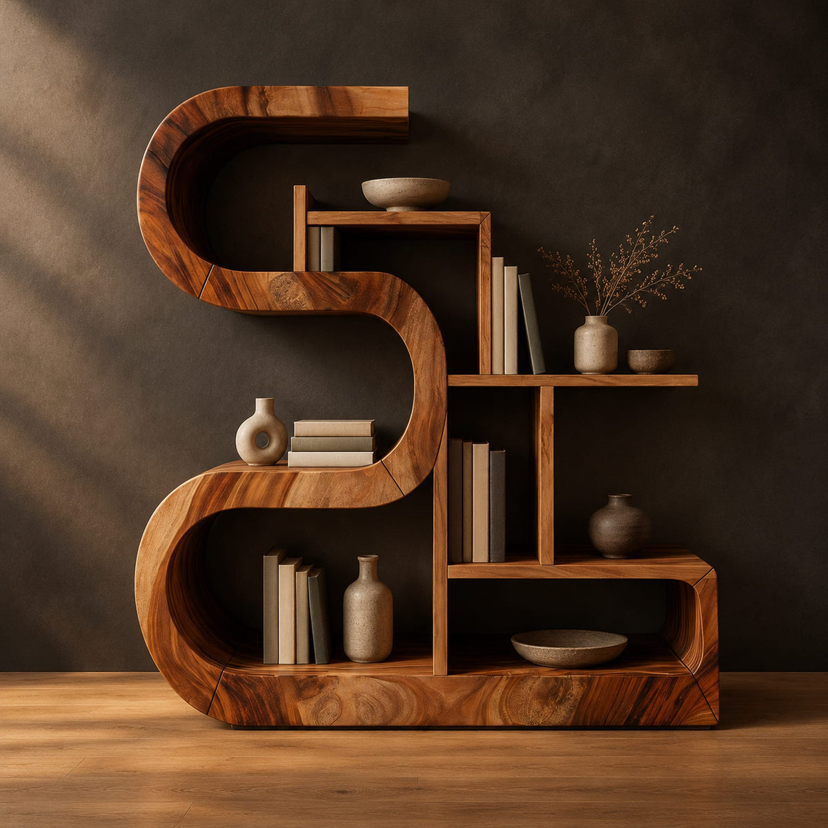 Wooden bookshelf with a thick s shaped curve and stepped open shelves in a dark studio against a charcoal plaster wall