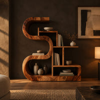Wooden bookshelf with a thick s shaped curve and stepped open shelves in a dark living room at golden hour