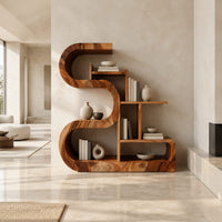 Wooden bookshelf with a thick s shaped curve and stepped open shelves in a bright open plan living room