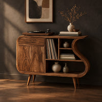 Record player stand with an s shaped side, one door and open shelves, three-quarter view showing the grain