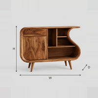 S Shaped Record Player Stand With Door And Open Shelves dimension diagram with width, height and depth