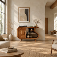 Record player stand with an s shaped side, one door and open shelves in a bright open plan living room