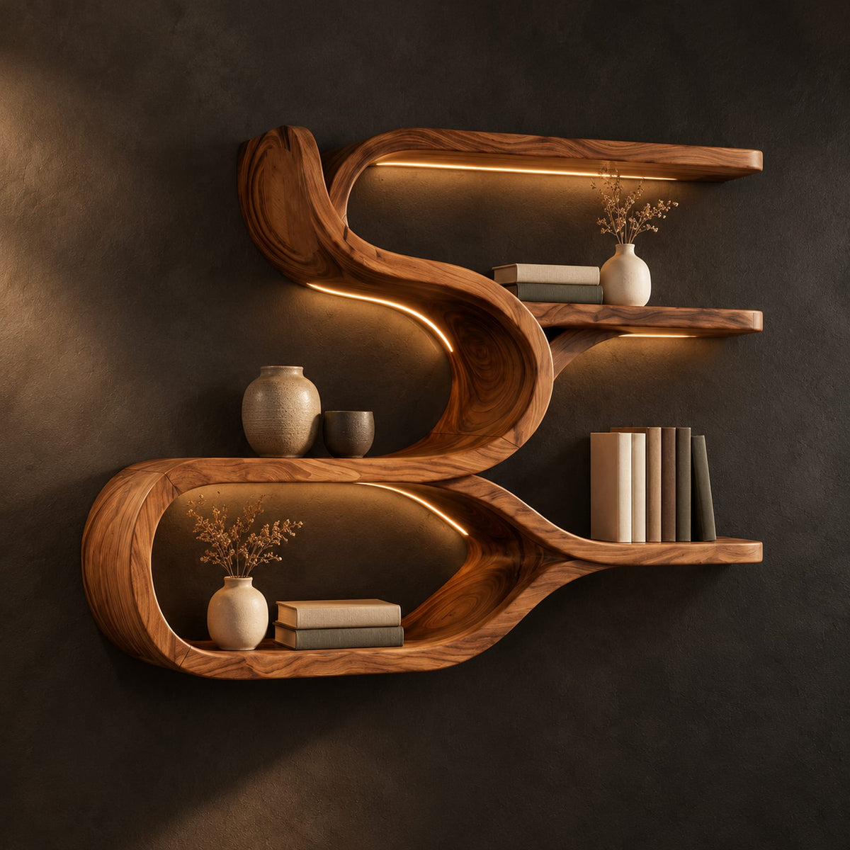 Sculpted wood shelf with an open loop cubby and three narrow ledges in a dark studio against a charcoal plaster wall