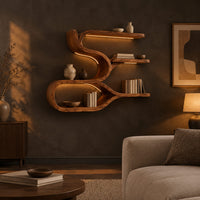 Sculpted wood shelf with an open loop cubby and three narrow ledges in a dark living room at golden hour
