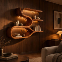 Sculpted wood shelf with an open loop cubby and three narrow ledges in an evening living room with walnut wall paneling