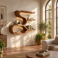 Sculpted wood shelf with an open loop cubby and three narrow ledges in a bright living room with arched windows and plants