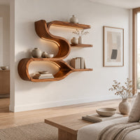Sculpted wood shelf with an open loop cubby and three narrow ledges in a Scandinavian living room with white walls