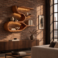 Sculpted wood shelf with an open loop cubby and three narrow ledges in an industrial loft living room with exposed brick