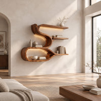 Sculpted wood shelf with an open loop cubby and three narrow ledges in a bright open plan living room
