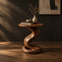 Side table with a twisting pedestal and a coiled loop base, three-quarter view showing the grain