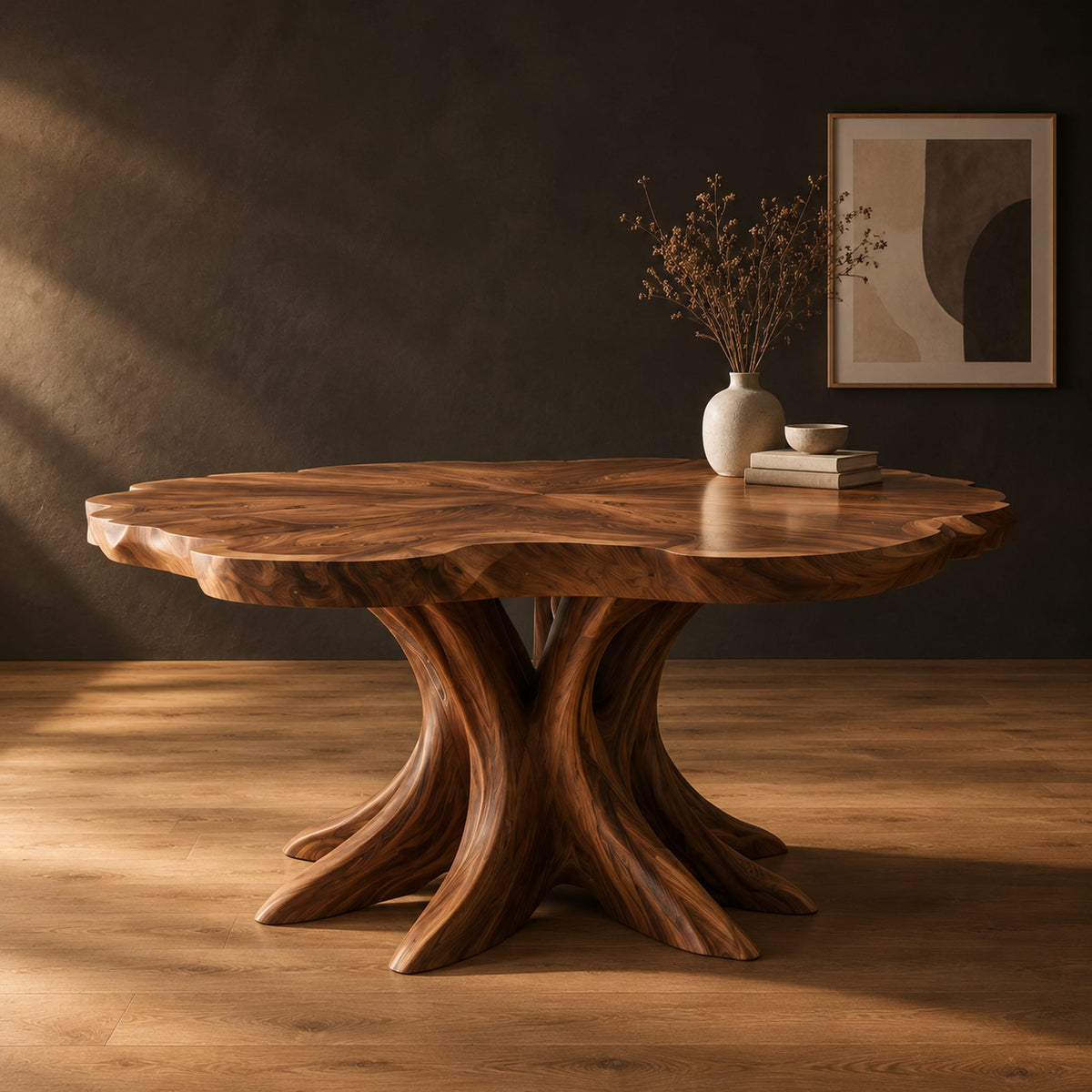 Dining table with a scalloped edge top and a flared branching pedestal in a dark studio against a charcoal plaster wall
