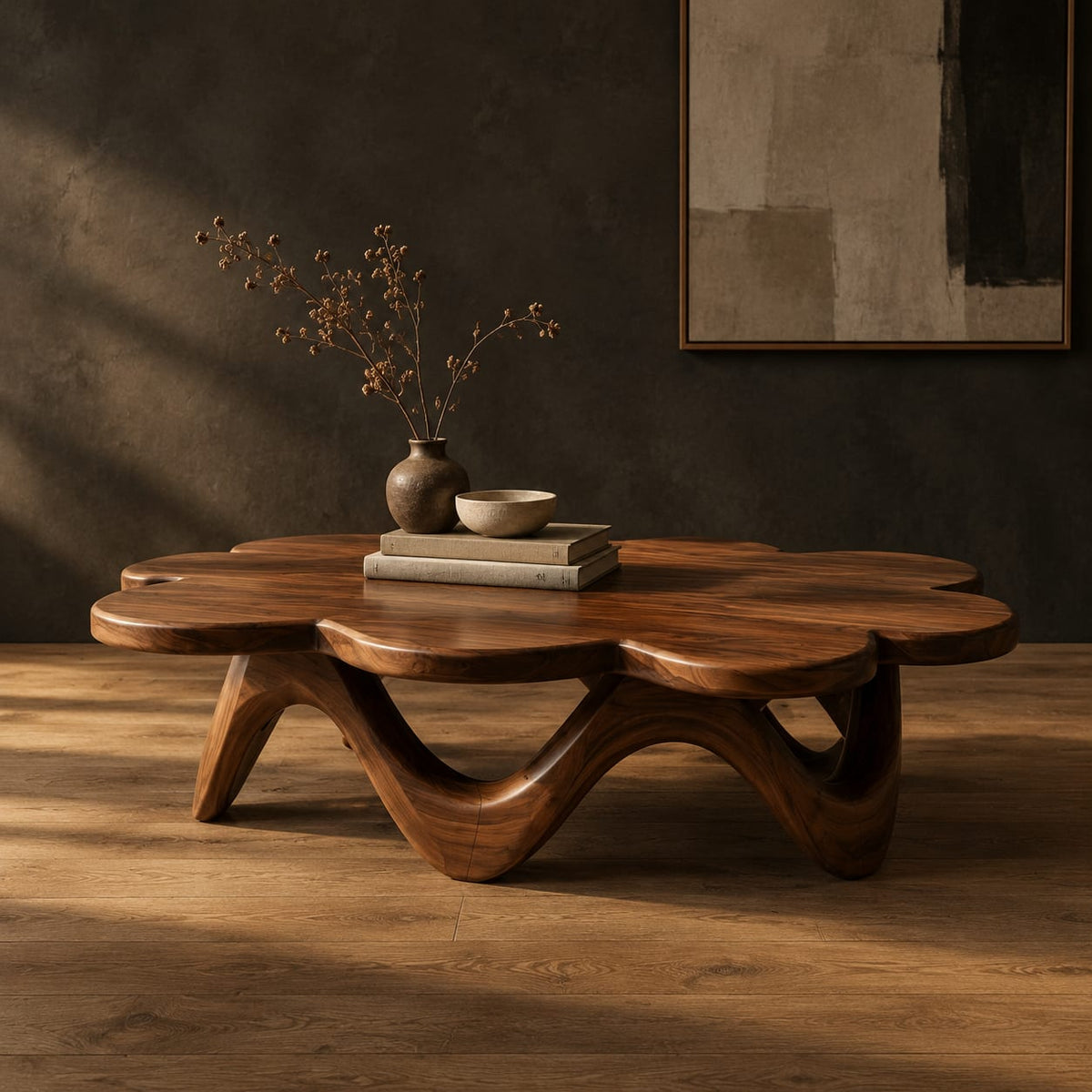 Petal edged coffee table on a rolling arched base in a dark studio against a charcoal plaster wall